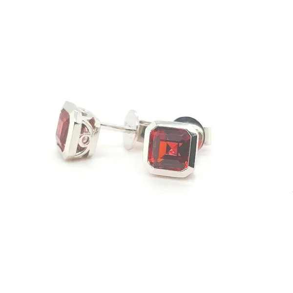 Step-cut Garnet Bezel Earrings in 14 Karat White Gold Image 3 Stambaugh Jewelers Defiance, OH