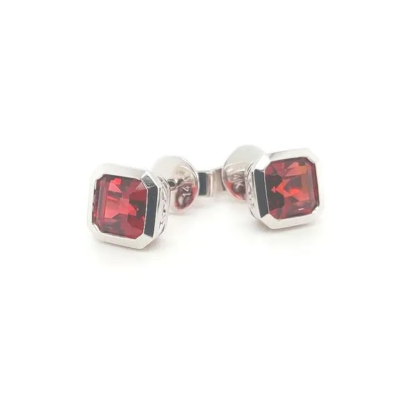 Step-cut Garnet Bezel Earrings in 14 Karat White Gold Stambaugh Jewelers Defiance, OH