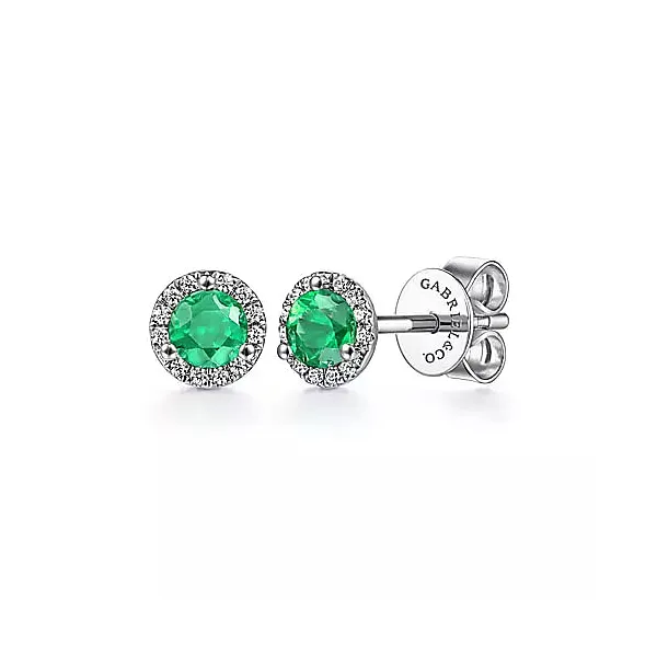 14kt White Gold Emerald and Diamond Halo Stud Earrings Stambaugh Jewelers Defiance, OH