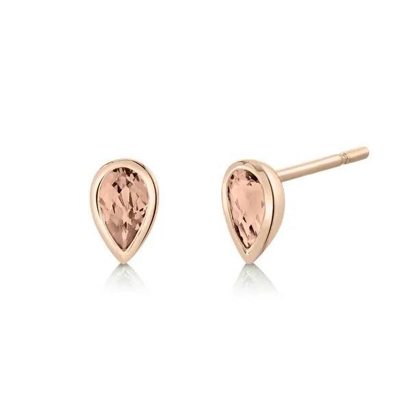 14 Karat Rose Gold Bezel Set Pear Shape Morganite Earrings Stambaugh Jewelers Defiance, OH