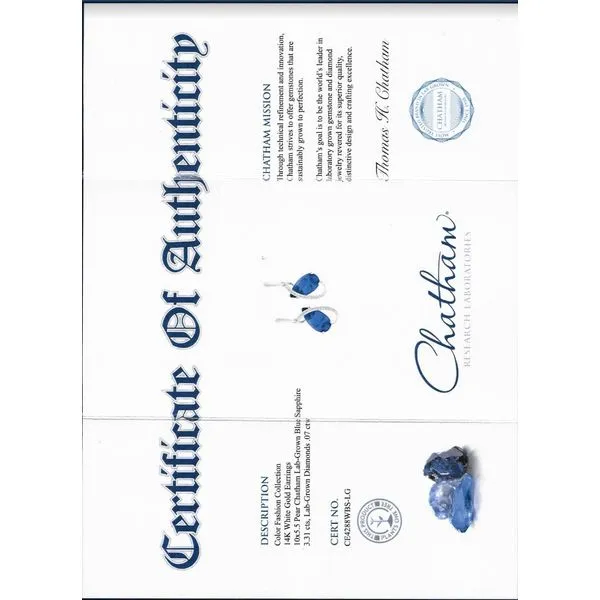 14ktt White Gold Chatham® Created Sapphire and Diamond Earrings Image 2 Stambaugh Jewelers Defiance, OH