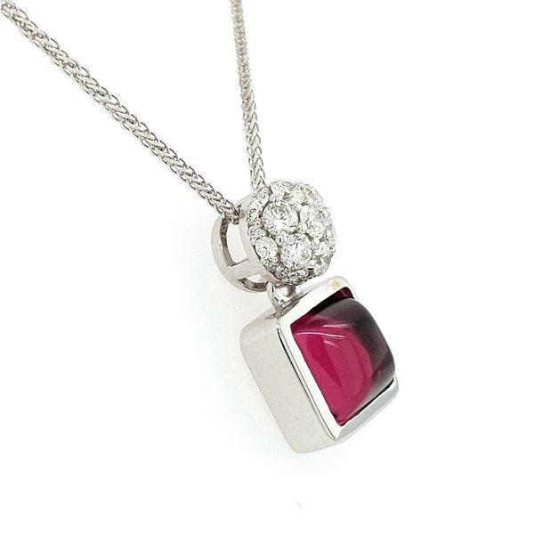 Custom Sugar Loaf Rhodolite Garnet and Diamond Pendant in 14kt White Gold Image 2 Stambaugh Jewelers Defiance, OH