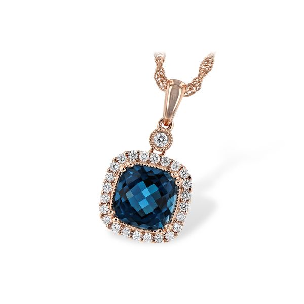Cushion London Blue Topaz and Diamond Pendant in 14 Karat Rose Gold Stambaugh Jewelers Defiance, OH