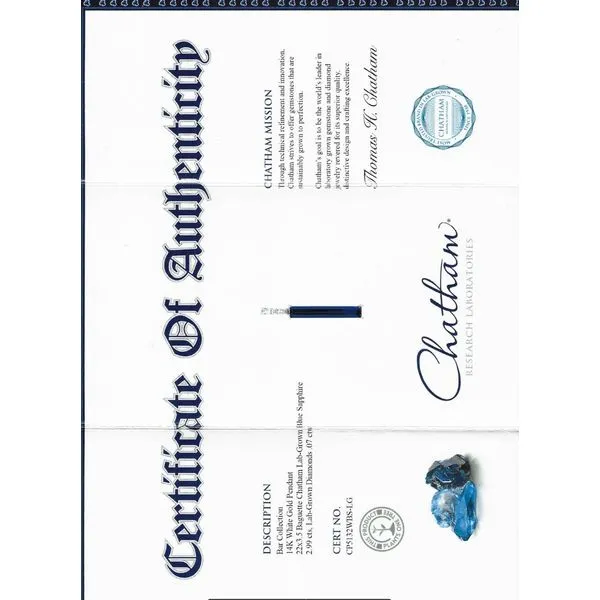 14kt White Gold Chatham® Sapphire and Diamond Pendant Image 2 Stambaugh Jewelers Defiance, OH