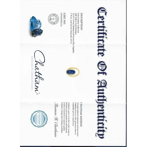 Chatham® Created Sapphire and Diamond Necklace in 14kt Yellow Gold Image 2 Stambaugh Jewelers Defiance, OH