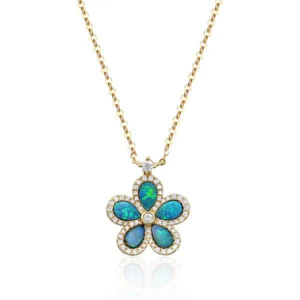 14kt Yellow Gold Opal and Diamond Flower Pendant Stambaugh Jewelers Defiance, OH