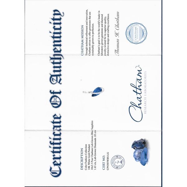 14kt White Gold Chatham&reg; Created Sapphire and Diamond Pendant Image 2 Stambaugh Jewelers Defiance, OH
