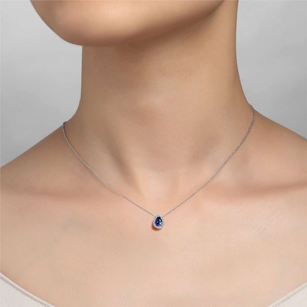 Lafonn Sterling Silver Pear-Shaped Simulated Tanzanite Halo Necklace Image 2 Stambaugh Jewelers Defiance, OH