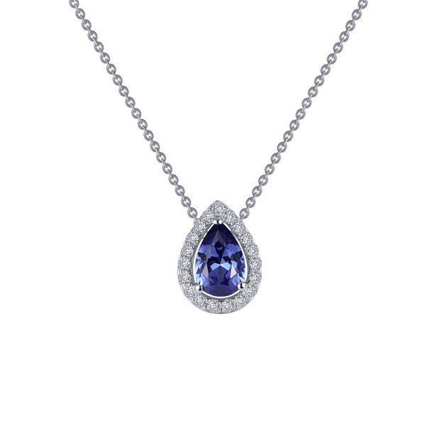 Lafonn Sterling Silver Pear-Shaped Simulated Tanzanite Halo Necklace Stambaugh Jewelers Defiance, OH