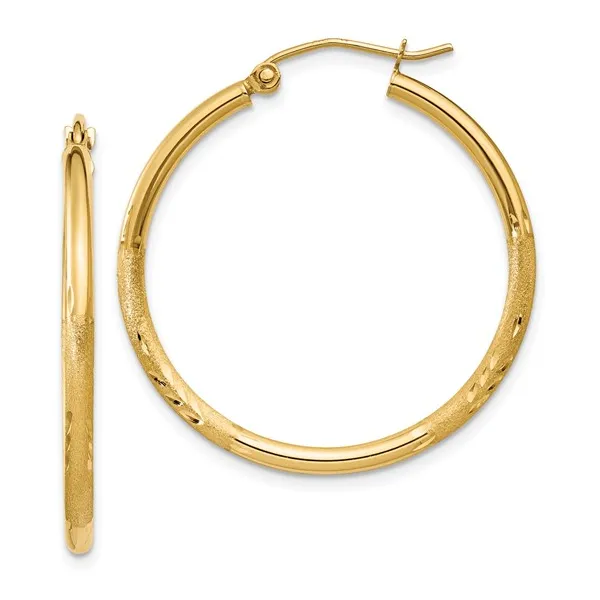 14kt Yellow Gold Satin and Diamond Cut Hoop Earrings Stambaugh Jewelers Defiance, OH