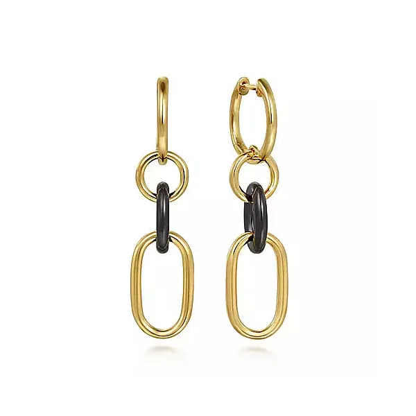 14kt Yellow Gold and Black Oval Ceramic Link Huggie Drop Earrings Stambaugh Jewelers Defiance, OH
