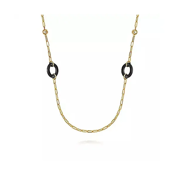 14kt Yellow Gold Bujukan and Black Oval Ceramic Link Station Necklace Stambaugh Jewelers Defiance, OH