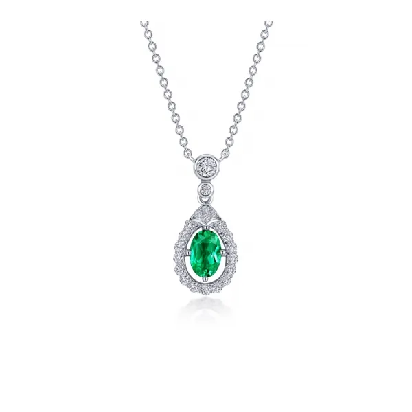 Lafonn Oval Simulated Emerald Halo Necklace in Sterling Silver Stambaugh Jewelers Defiance, OH