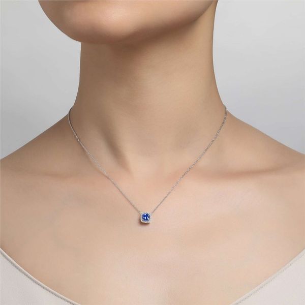 Lafonn Cushion-Cut Lab-Grown Tanzanite Halo Necklace in Sterling Silver Image 2 Stambaugh Jewelers Defiance, OH