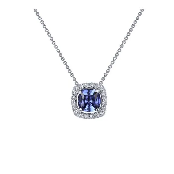 Lafonn Cushion-Cut Lab-Grown Tanzanite Halo Necklace in Sterling Silver Stambaugh Jewelers Defiance, OH