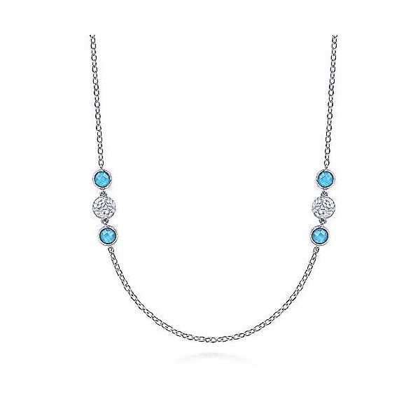 Hammered Sterling Silver Doublet Rock Crystal Turquoise Station Necklace Stambaugh Jewelers Defiance, OH