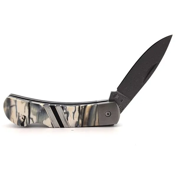 Woolly Mammoth Tusk, Mother of Pearl, and Jet Inlay Damascus Steel Knife Image 2 Stambaugh Jewelers Defiance, OH