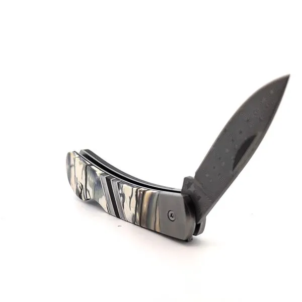 Woolly Mammoth Tusk, Mother of Pearl, and Jet Inlay Damascus Steel Knife Image 5 Stambaugh Jewelers Defiance, OH
