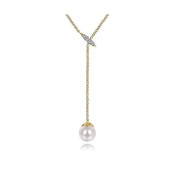 14K Yellow Gold Diamond Bar Y Necklace with Cultured Pearl Drop by Gabriel & Co. Stambaugh Jewelers Defiance, OH