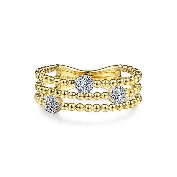 14K Yellow Gold Three Row Beaded Ring with Pavé Diamond Cluster Stations by Gabriel & Co. Stambaugh Jewelers Defiance, OH