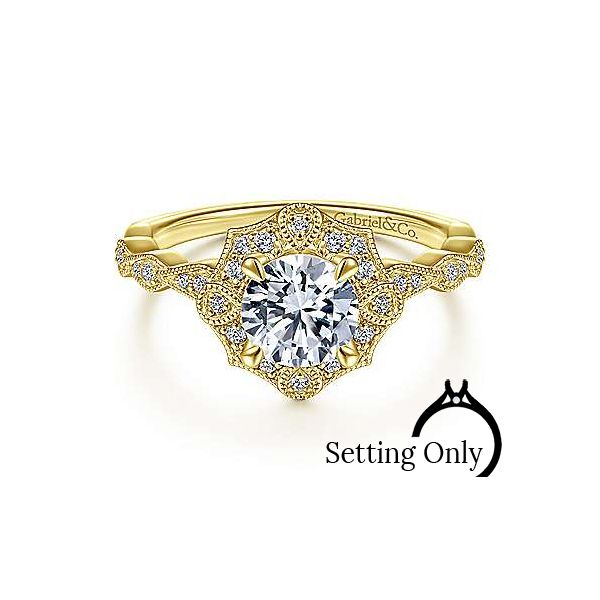 Unique 14K Yellow Gold Art Deco Halo Diamond Engagement Ring Stambaugh Jewelers Defiance, OH
