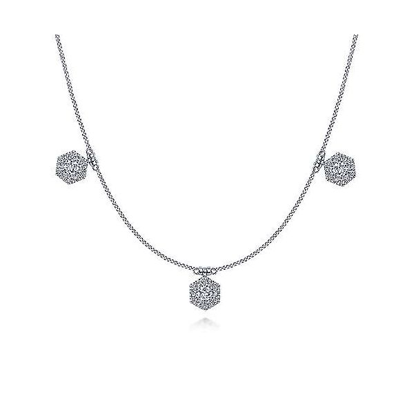 14K White Gold Choker Necklace with Hexagonal Diamond Halo Stations Stambaugh Jewelers Defiance, OH