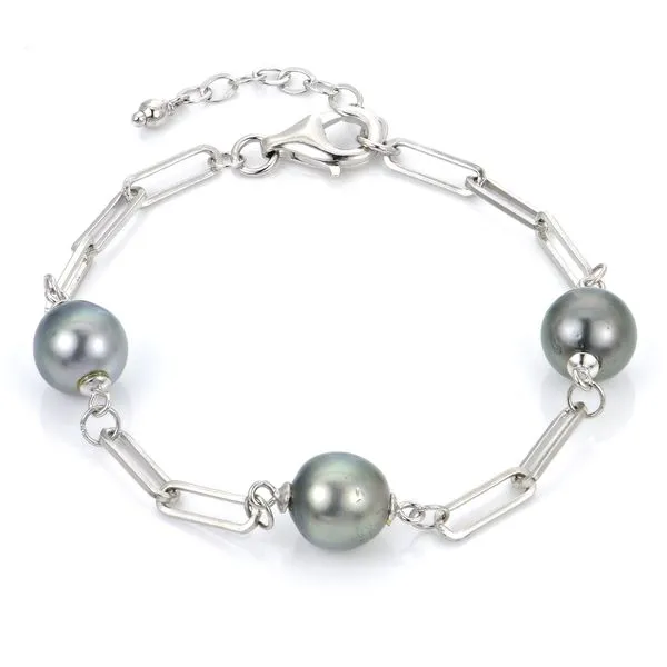 Sterling Silver Paper Clip Bracelet with Tahitian Pearl Stations Stambaugh Jewelers Defiance, OH