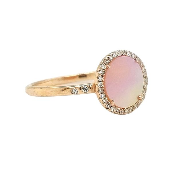 Pink Mother of Pearl and Diamond Ring in 14 Karat Rose Gold Image 3 Stambaugh Jewelers Defiance, OH