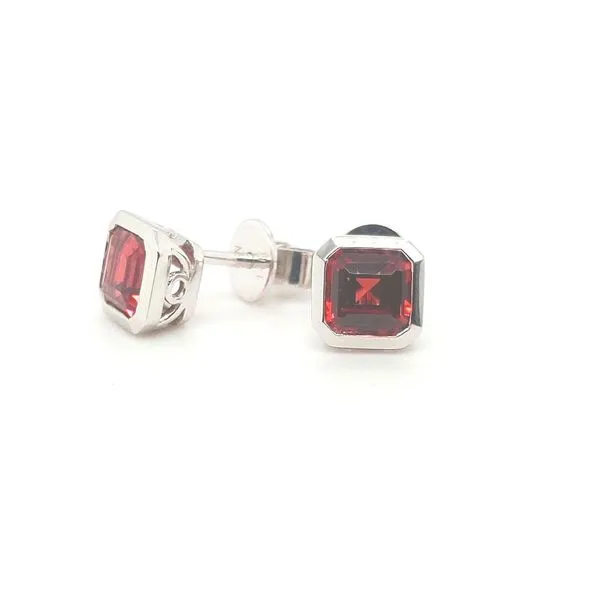 Step-cut Garnet Bezel Earrings in 14 Karat White Gold Image 2 Stambaugh Jewelers Defiance, OH