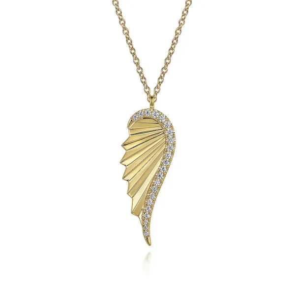 14 Karat Yellow Gold Diamond Cut Wing Shape Pendant Necklace Stambaugh Jewelers Defiance, OH