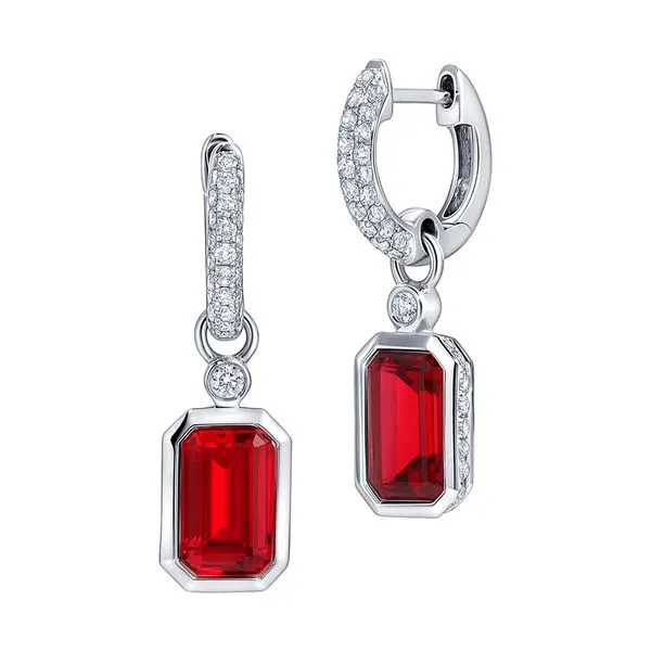 14kt White Gold Chatham® Created Ruby and Diamond Earrings Stambaugh Jewelers Defiance, OH
