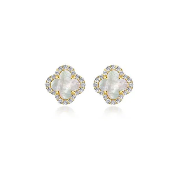 Lafonn Sterling Silver Gold Plate Mother of Pearl Stud Earrings with .40ctw Lassaire Gemstones Stambaugh Jewelers Defiance, OH