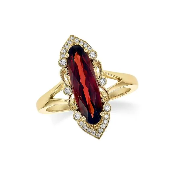 14 Karat Yellow Gold Garnet and Diamond Filigree Fashion Ring Stambaugh Jewelers Defiance, OH