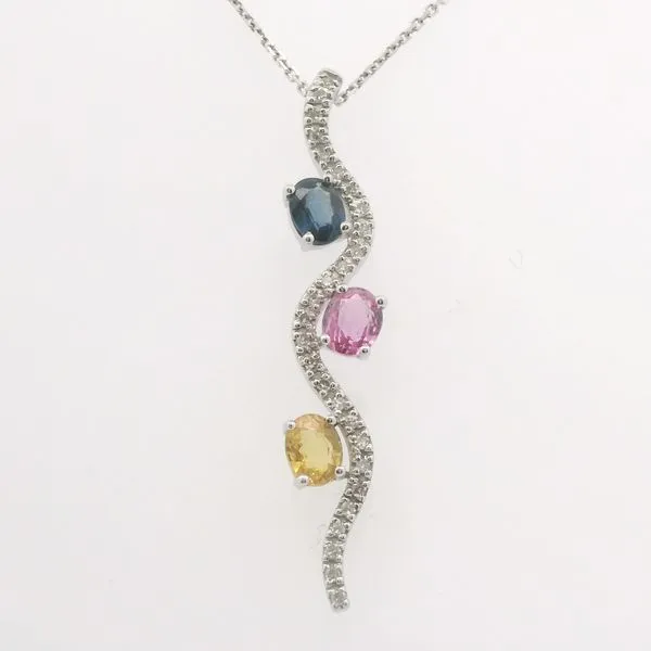 Estate 14Kt White Gold Wave Pendant with .15Tw Diamond, Blue, Pink And Yellow Sapphires Stambaugh Jewelers Defiance, OH