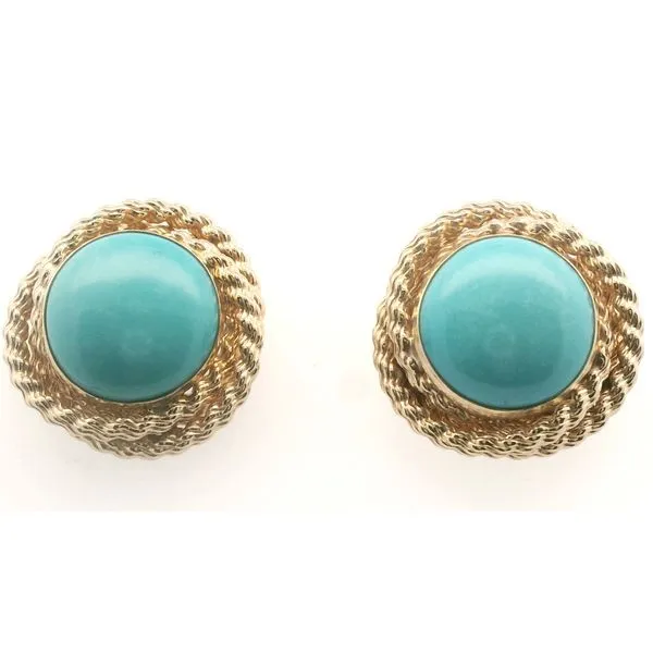 Estate 14K Yellow Gold Turquoise Button Earrings Stambaugh Jewelers Defiance, OH