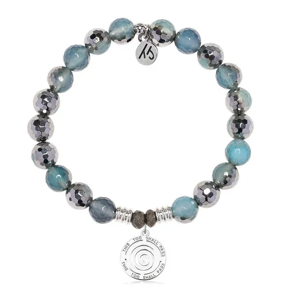 T Jazelle Blue Silver Agate Gemstone Bracelet with This Too Shall Pass Sterling Silver Charm Stambaugh Jewelers Defiance, OH