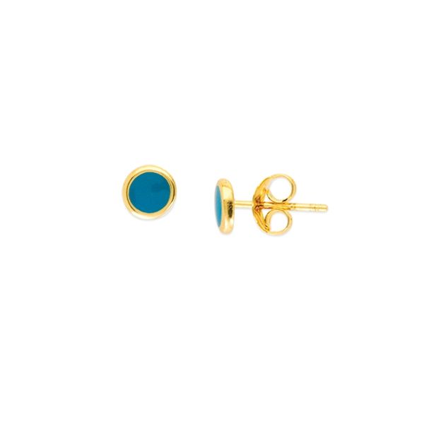 Yellow Gold Turquoise Enamel Round Stud Earrings SVS Fine Jewelry Oceanside, NY