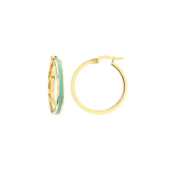 Yellow Gold Turquoise Enamel Round Hoops SVS Fine Jewelry Oceanside, NY