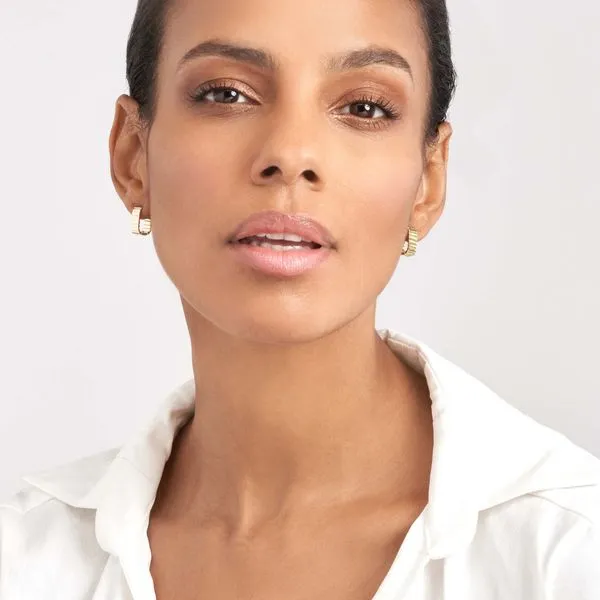 Yellow Gold Ribbed Mini Hoop Earrings Image 3 SVS Fine Jewelry Oceanside, NY
