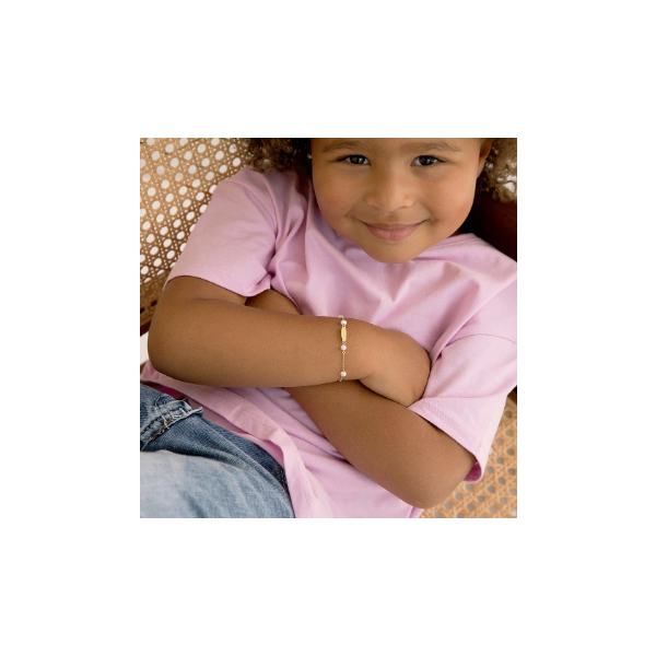 Children's Yellow Gold & Pearl Engravable ID Bracelet Image 2 SVS Fine Jewelry Oceanside, NY
