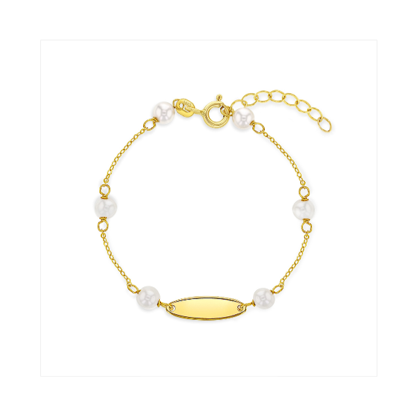 Children's Yellow Gold & Pearl Engravable ID Bracelet SVS Fine Jewelry Oceanside, NY