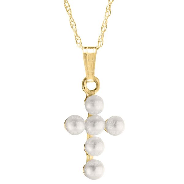 Kiddie Kraft Yellow Gold Cultured Pearl Cross, 15