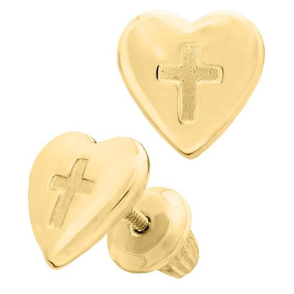 Kiddie Kraft Children's 14K Yellow Gold Heart And Cross Screwback Earrings SVS Fine Jewelry Oceanside, NY