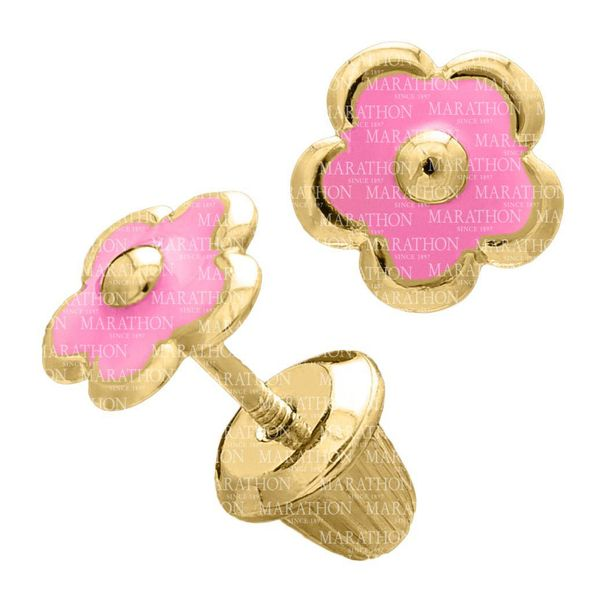 Kiddie Kraft 14K Yellow Gold Pink Flower Earrings Image 2 SVS Fine Jewelry Oceanside, NY