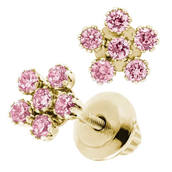 Kiddie Kraft Yellow Gold Pink CZ Flower Earrings Image 2 SVS Fine Jewelry Oceanside, NY