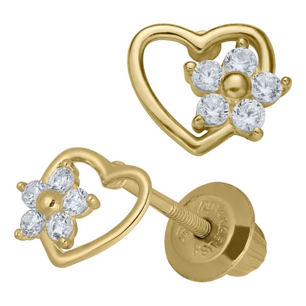 Kiddie Kraft Yellow Gold & CZ Flower In Heart Earrings Image 2 SVS Fine Jewelry Oceanside, NY