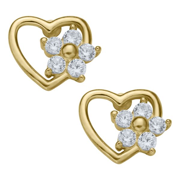 Kiddie Kraft Yellow Gold & CZ Flower In Heart Earrings SVS Fine Jewelry Oceanside, NY