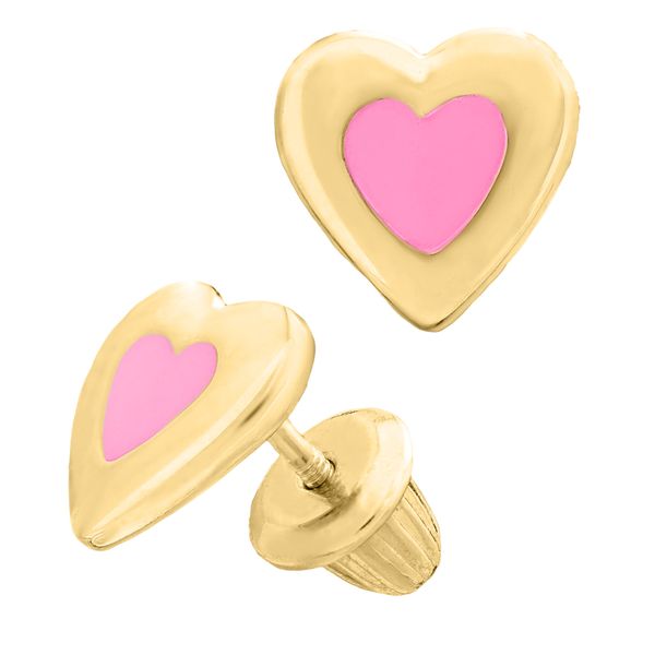 Kiddie Kraft Yellow Gold Pink Heart Earrings Image 2 SVS Fine Jewelry Oceanside, NY