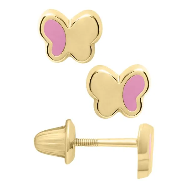 Kiddie Kraft Yellow Gold Half Pink Butterfly Earrings SVS Fine Jewelry Oceanside, NY
