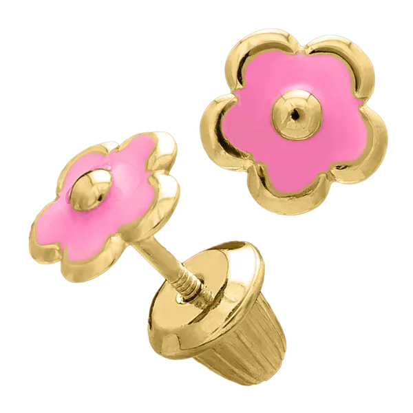 Kiddie Kraft Yellow Gold Pink Flower Earrings Image 2 SVS Fine Jewelry Oceanside, NY